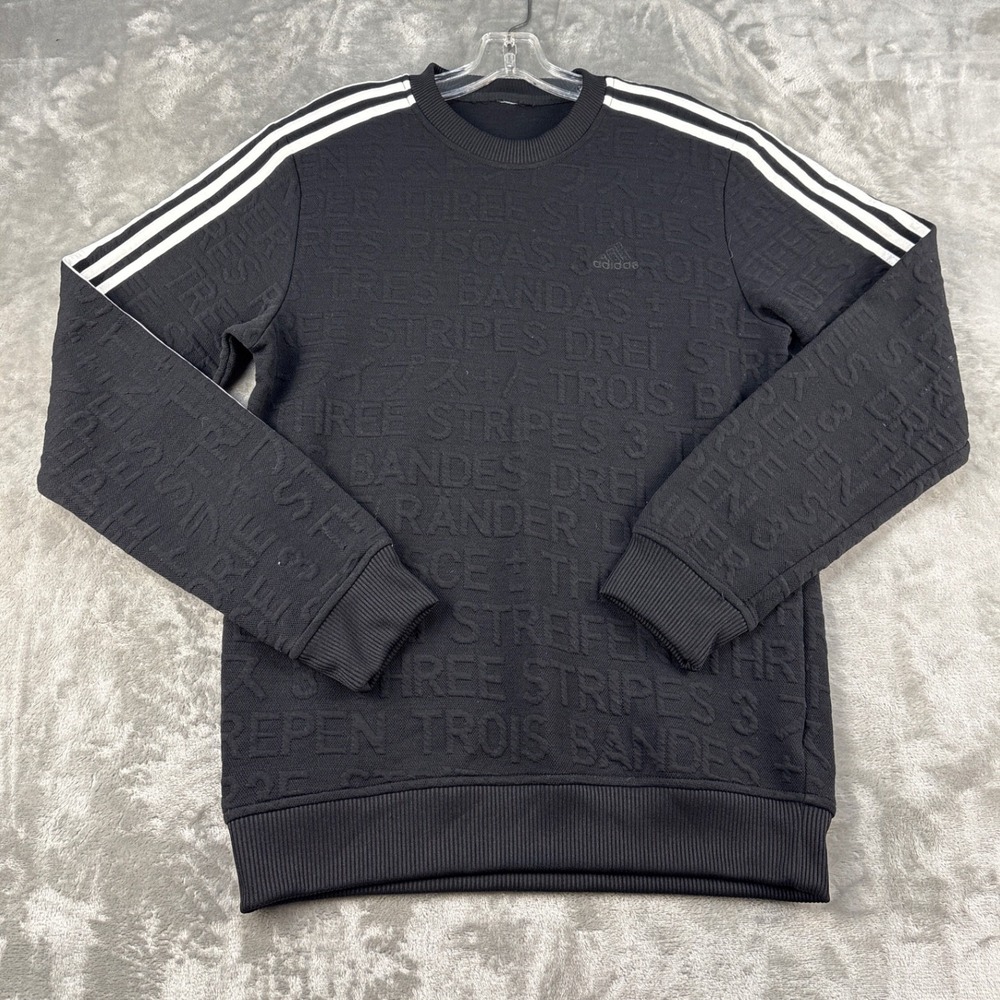 Adidas Black Embossed‎ Text 3-Stripe Crewneck Sweatshirt Mens Regular Fit